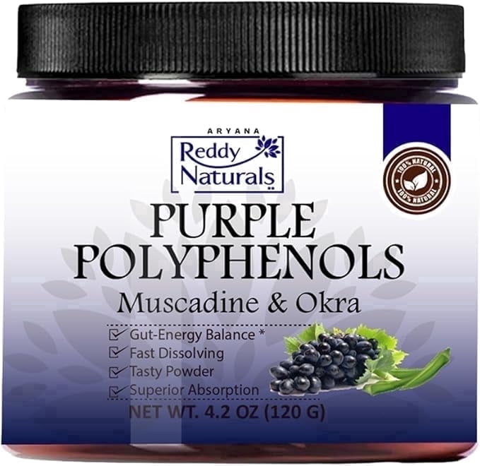 Reddy Naturals Purple Polyphenols Muscadine Grape Seed & Skin Extract Powder, Resveratrol Supplement, Gut Health Support, 30 Servings