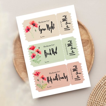 Redeemable Gift Ticket Set for Mom – Game Night, Back Rub, Help with Laundry – Thoughtful Gift Idea for Mother's Day or Birthday – Floral Design
