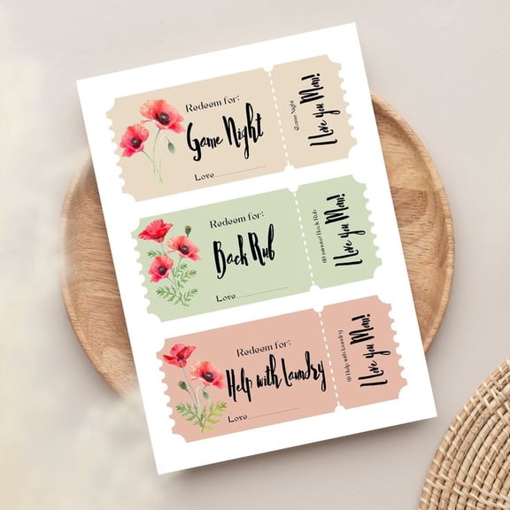 Redeemable Gift Ticket Set for Mom  Game Night, Back Rub, Help with Laundry  Thoughtful Gift Idea for Mother's Day or Birthday  Floral Design