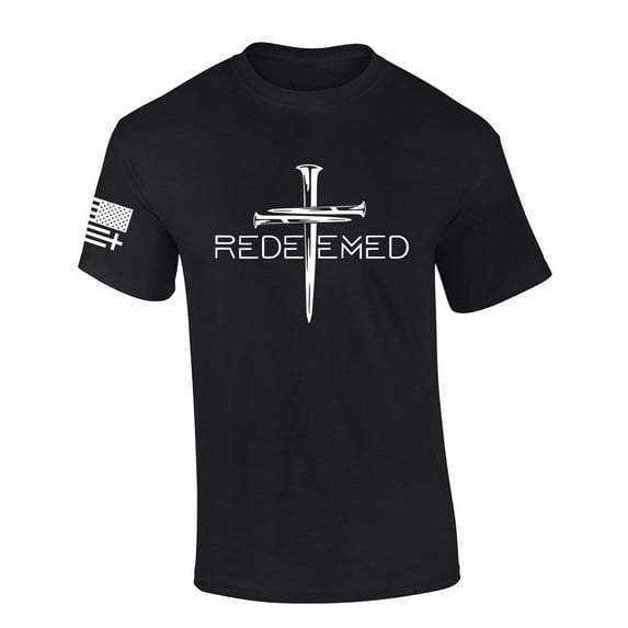 Redeemed Cross Nails Mens Christian American Flag Sleeve T-shirt Graphic Tee Graphic Tee-Black-large
