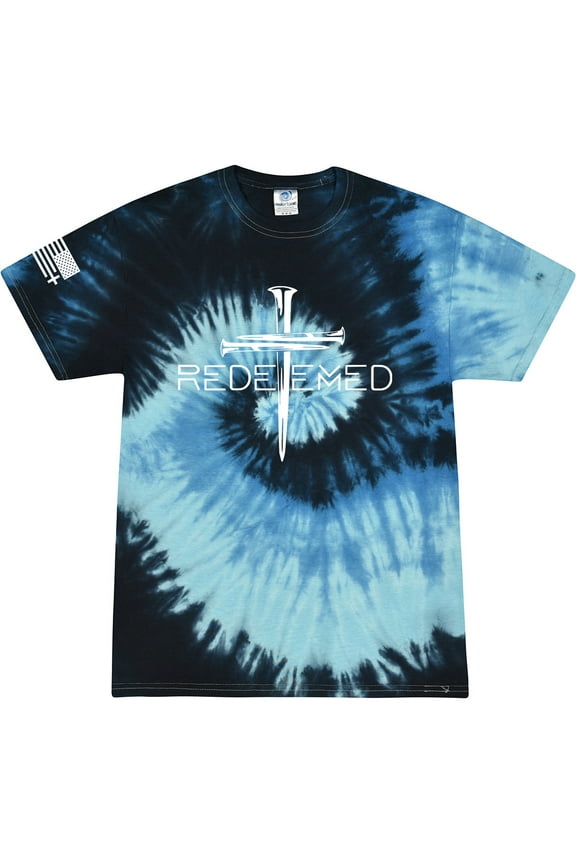 Redeemed Cross Nails Mens Christian American Flag Sleeve T-shirt Graphic Tee Graphic Tee-Blue Ocean Tie Dye-small