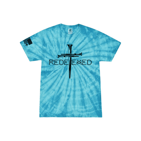 Redeemed Cross Nails Mens Christian American Flag Sleeve T-shirt Graphic Tee Graphic Tee-Turquoise Tie Dye-large