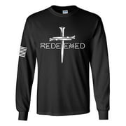 Redeemed Cross Nails Mens Christian American Flag Sleeve T-shirt Long Sleeve Graphic Tee-Black-large