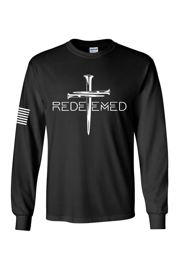 Redeemed Cross Nails Mens Christian American Flag Sleeve T-shirt Long Sleeve Graphic Tee-Black-xl