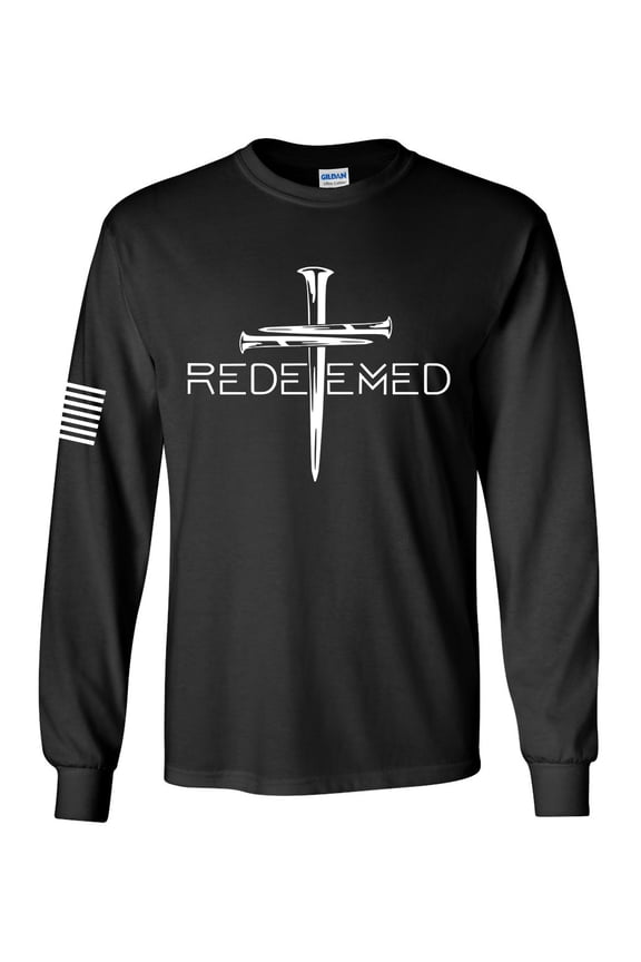 Redeemed Cross Nails Mens Christian American Flag Sleeve T-shirt Long Sleeve Graphic Tee-Black-xxl