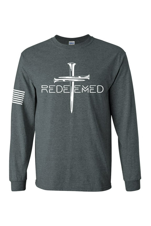 Redeemed Cross Nails Mens Christian American Flag Sleeve T-shirt Long Sleeve Graphic Tee-Heather Grey-small