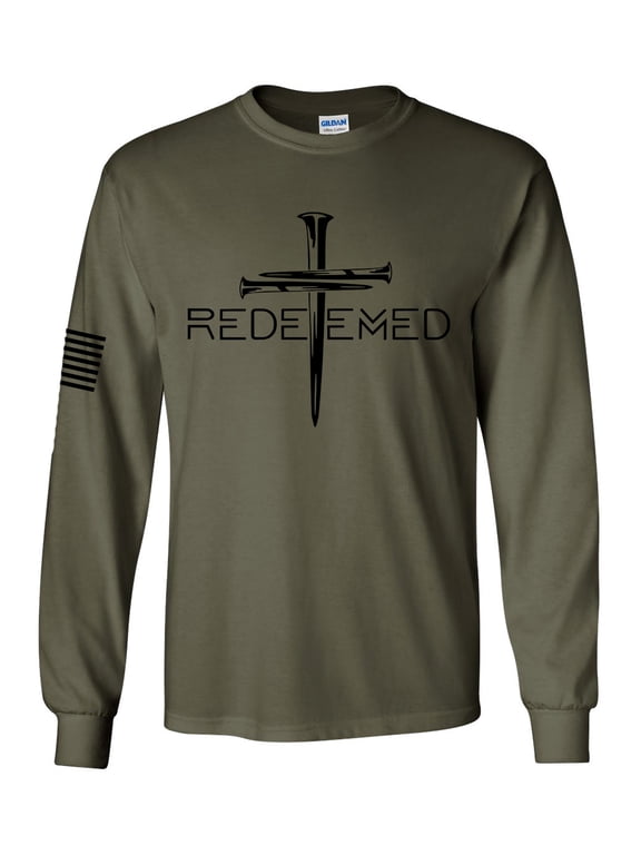 Redeemed Cross Nails Mens Christian American Flag Sleeve T-shirt Long Sleeve Graphic Tee-Military-small