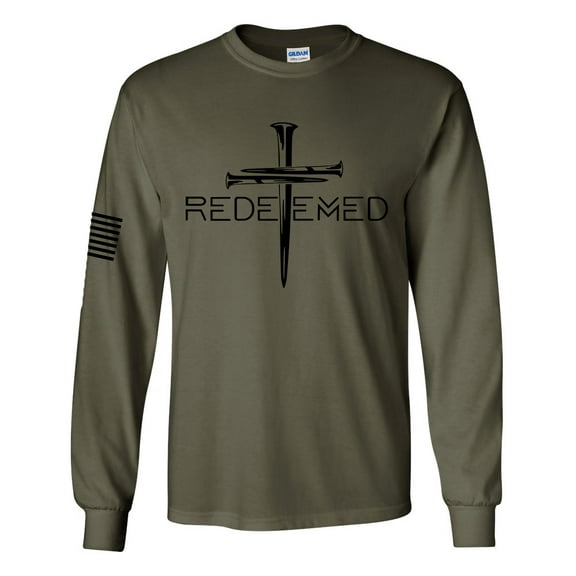 Redeemed Cross Nails Mens Christian American Flag Sleeve T-shirt Long Sleeve Graphic Tee-Military-xl