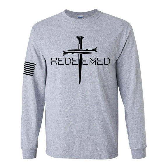 Redeemed Cross Nails Mens Christian American Flag Sleeve T-shirt Long Sleeve Graphic Tee-Sports Grey-small