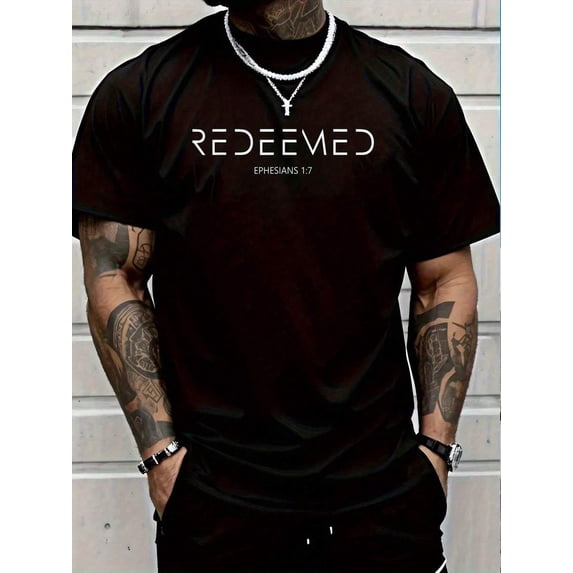 Redeemed Ephesians 7 Christian Bible Verse T-Shirt - Black With White Lettering, Unisex Regular Fit Casual Short Sleeve Tee, Machine Washable Summer Faith Apparel