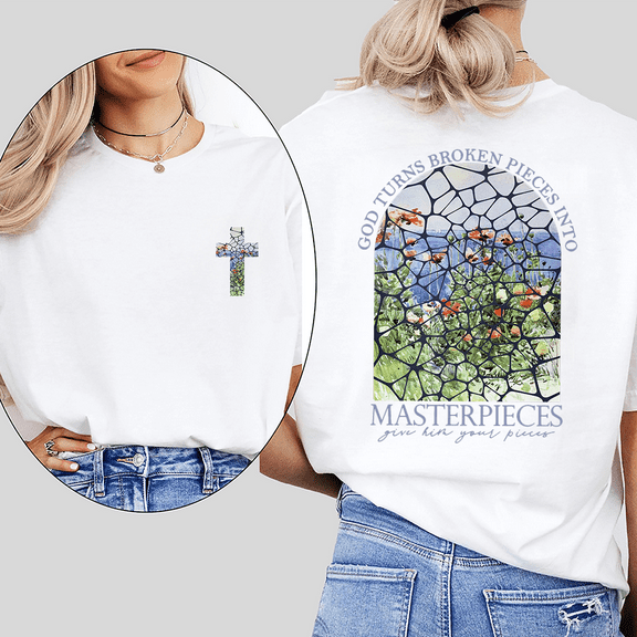 Redemptive God Turns Broken Pieces Into Masterpieces Print Tshirts Mosaic Bible Verse Graphic Tees Faith Based Shirts Short Sleeve Tops White,M