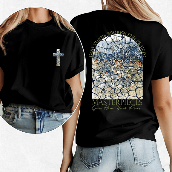 Redemptive God Turns Broken Pieces Into Masterpieces Tshirts Kintsugi Bible Verse Graphic Tees Faith Based Casual Shirts Short Sleeve Tops Black,3XL