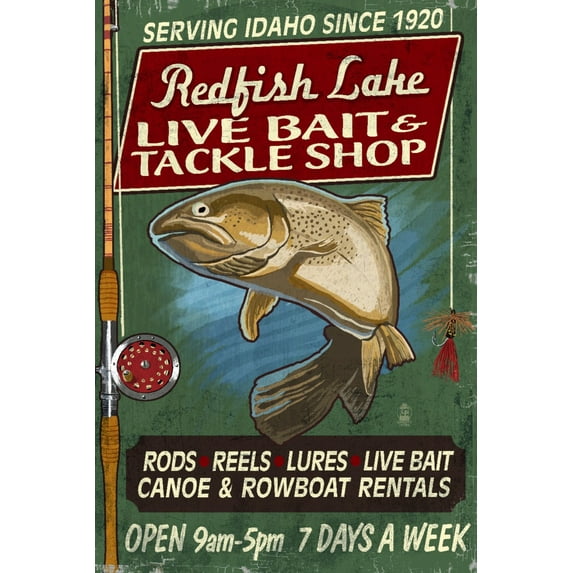 Redfish Lake, Idaho, Tackle Shop Trout, Vintage Sign (12x18 Wall Art Poster, Room Decor)