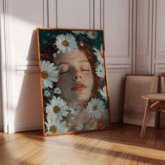 Redhead Woman Floating With Poster Daisies Art Hyperreal Floral Water Portrait , Poster Print Only