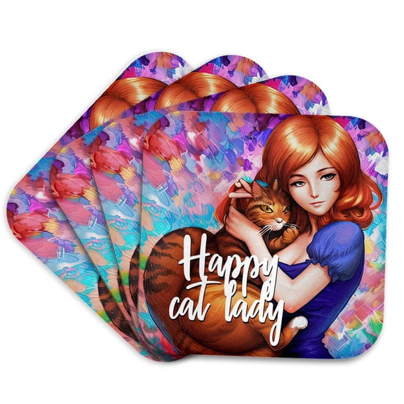3drose, Redhead Woman in Blue Dress Hugs Her Ginger Cat. Happy Cat Lady Gift, Set of 4 Coasters - Soft