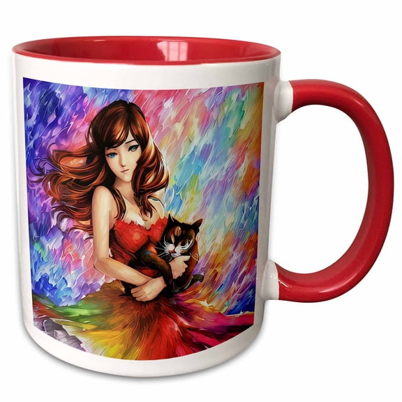 3drose, Redhead Woman in Colorful Dress Hugs Her Cat. Colorful Gift, Charm, 15oz Two-tone Red Mug