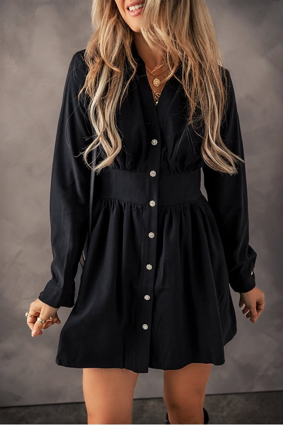 Black V-Neck Shift Dress: Sleek, Flowy, Long Sleeves