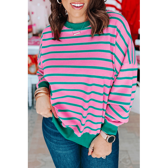 Redhotype Chic Pink Striped Sweater - Plus Size, Stay Cozy & Stylish!
