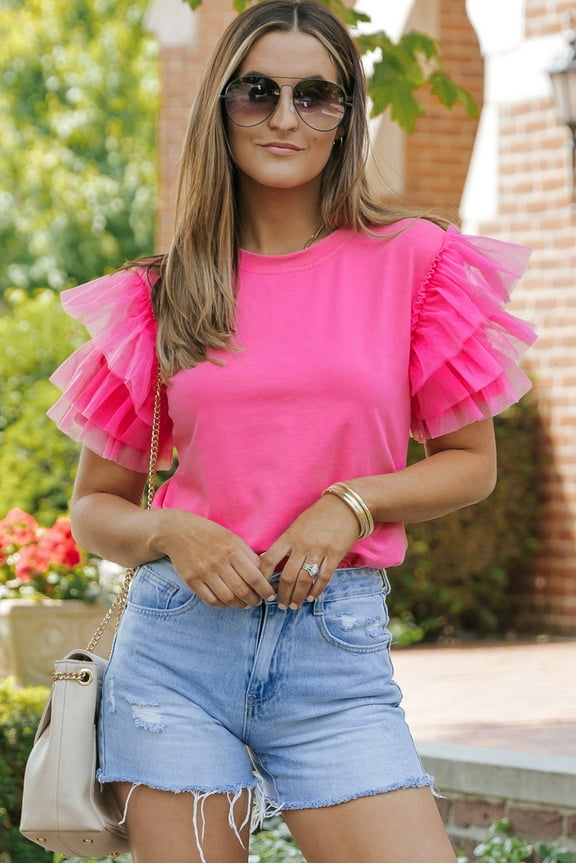 Chic Pink Tulle Blouse - Ruffle Sleeves, Flirty Casual Fit