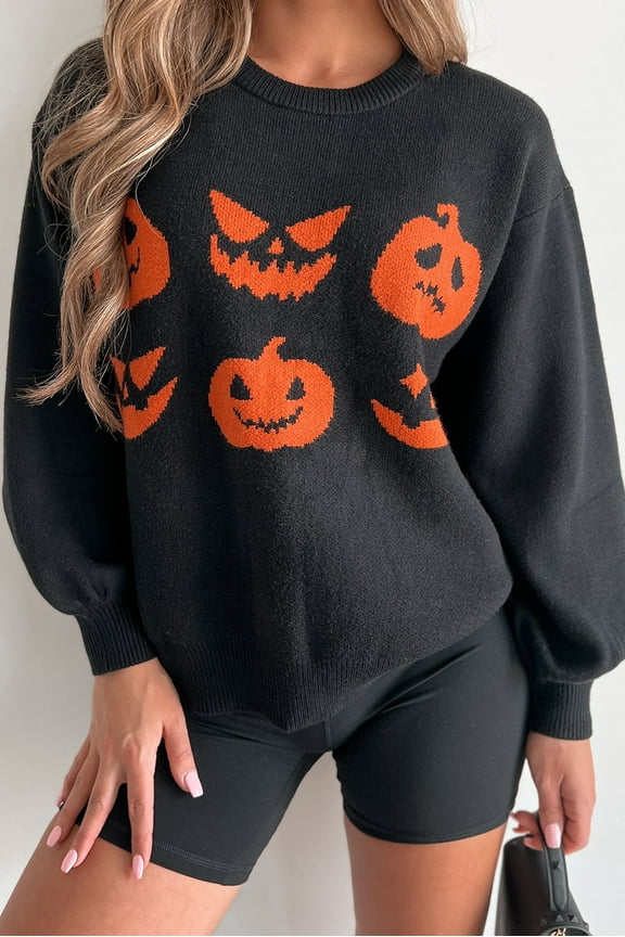 'Chic Spooky Sweater: Black Pumpkin Face - Relaxed Drop Shoulder Top'