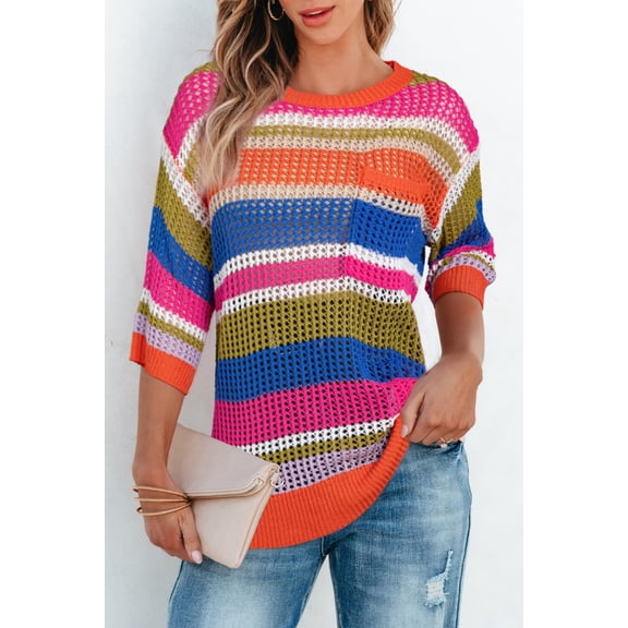 Redhotype Chic V-Neck Crochet Sweater | Striped Cozy Top for All Events
