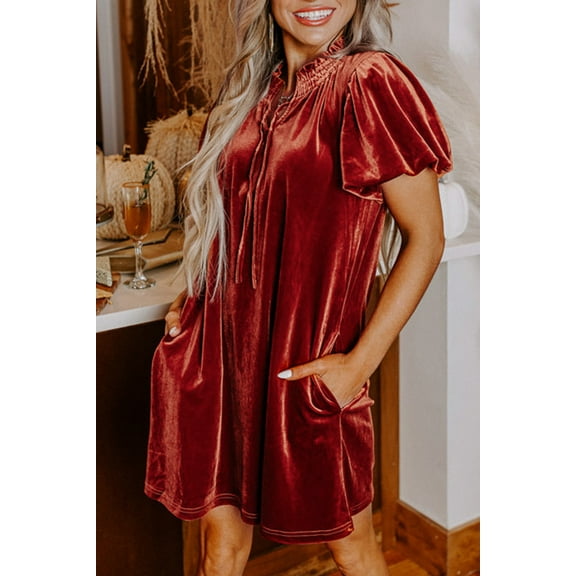 Redhotype Cinnamon Velvet Mini Dress - Smocked Neck, Puff Sleeves