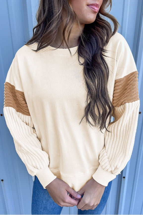Cozy Apricot Corduroy Patchwork Hoodie - Drop Shoulder Long Sleeve Essential