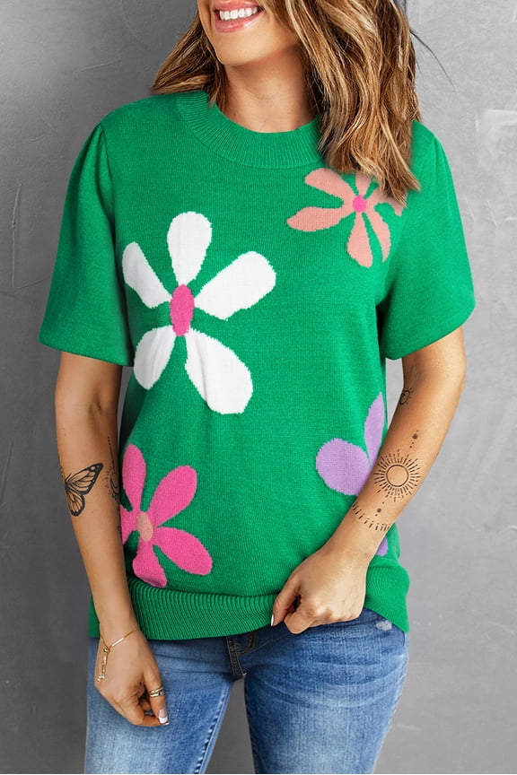 Elegant Green Floral Bubble Tee - Women's Casual Sweater