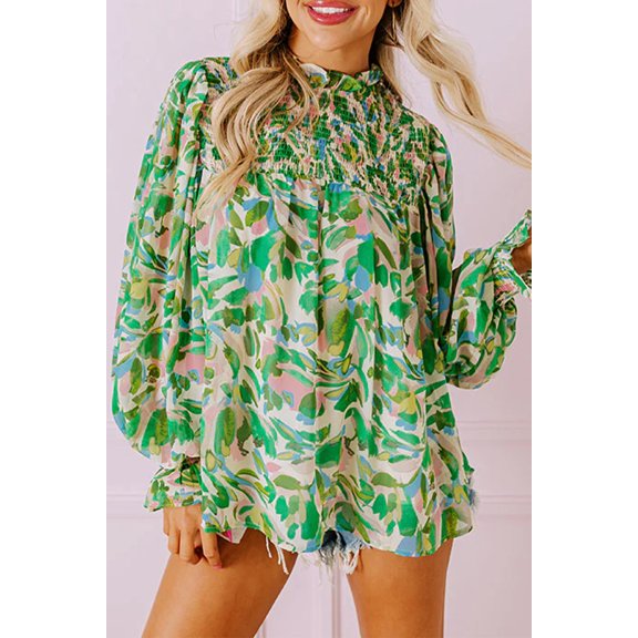 Redhotype Elegant Green Floral Shirred Blouse, Flounce Sleeves, Standout Style