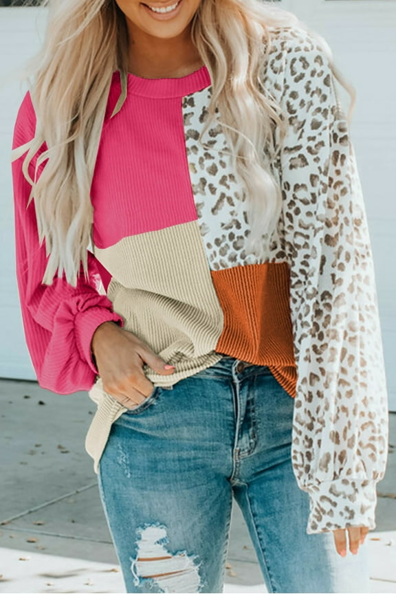 Elegant Leopard Print Knit Top - Long Sleeves, Trendy Color Block