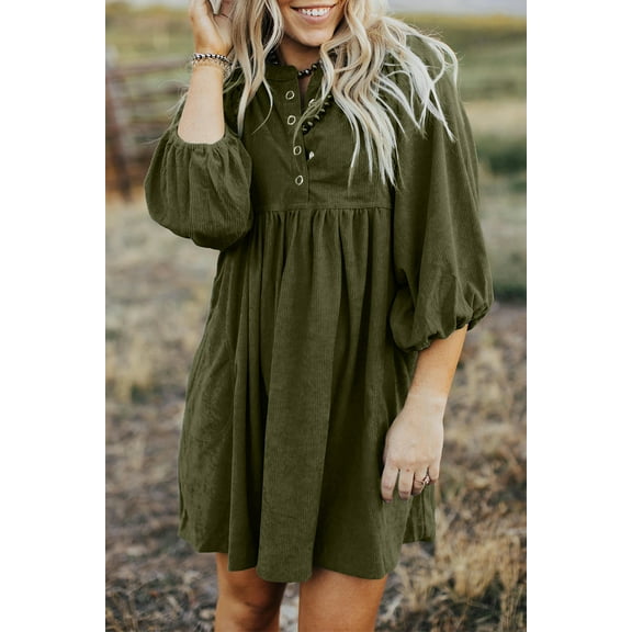 Redhotype Elegant Vineyard Green Corduroy Dress - High Waist Empire Style with Chic Snap Buttons