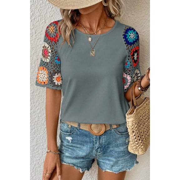 Redhotype Elevate Your Style: Trendy Grey Floral Crochet Blouse - S-XL Sizes!