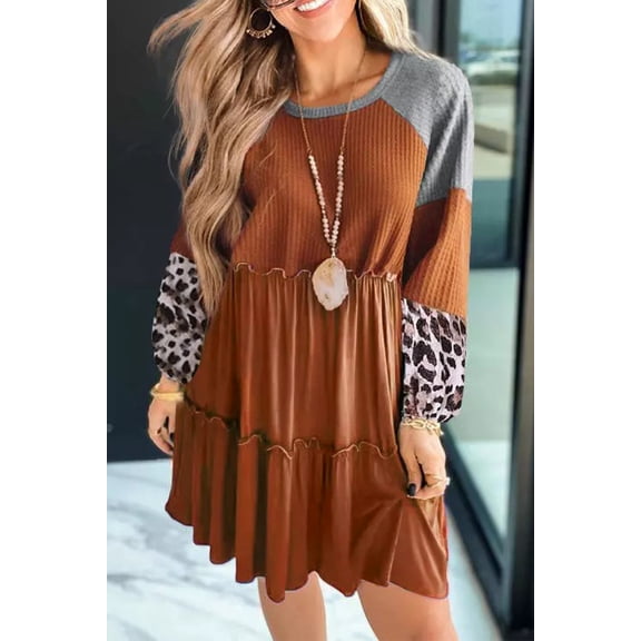 Redhotype Flirty Leopard Print, Soft Waffle Knit, Cozy Mini Dress for Daily Style
