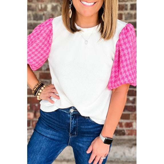 Redhotype Flirty Puff Sleeve Top: White Tweed, All-Day Chic!