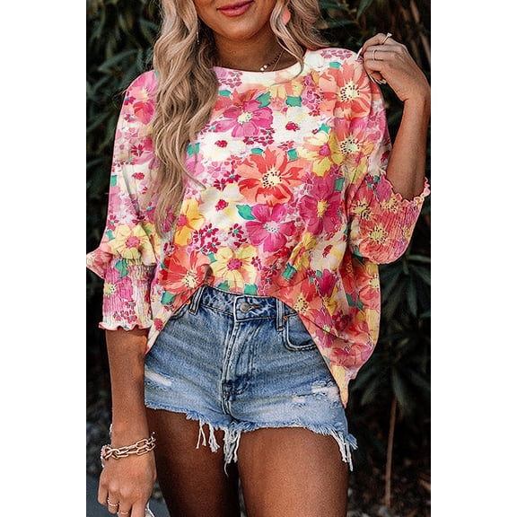 Redhotype Floral Blouse: Shirred Cuffs, 3/4 Sleeves, Round Neck - Sleek Fit!