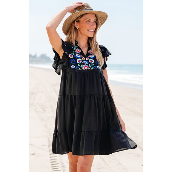 Redhotype Floral Embroidered Shift Dress - Graceful V-Neck, Light & Stylish