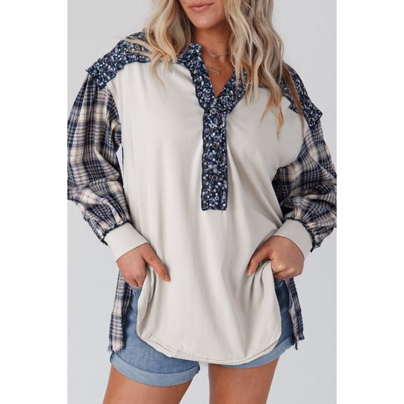 Redhotype Floral Plaid Bishop Sleeve Top - V-Neck Casual for Women