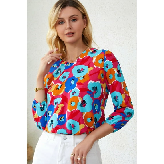 Redhotype Floral V-Neck Blouse: Versatile, 3/4 Sleeve, Multicolor - Shop Now!