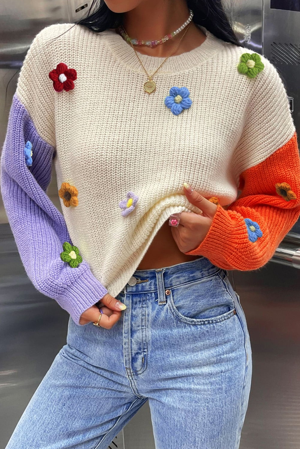 Flower Half Zip Dropped Shoulder Sweater