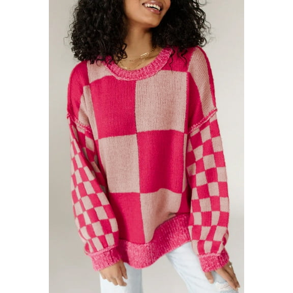 Redhotype Rose Red Plaid Sweater: Drop Shoulder Knit, Style Alert!