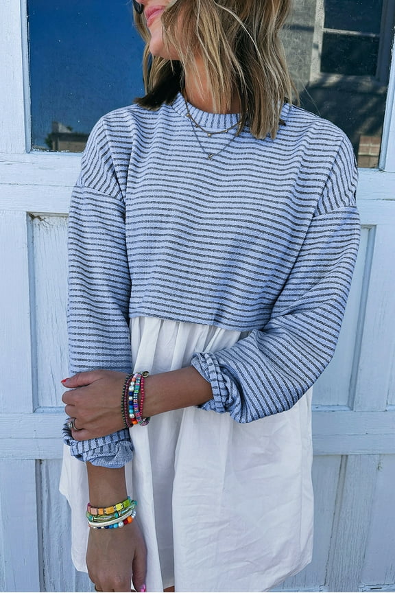 Strikingly Stripey Mini Dress: Sky Blue Patchwork Flare