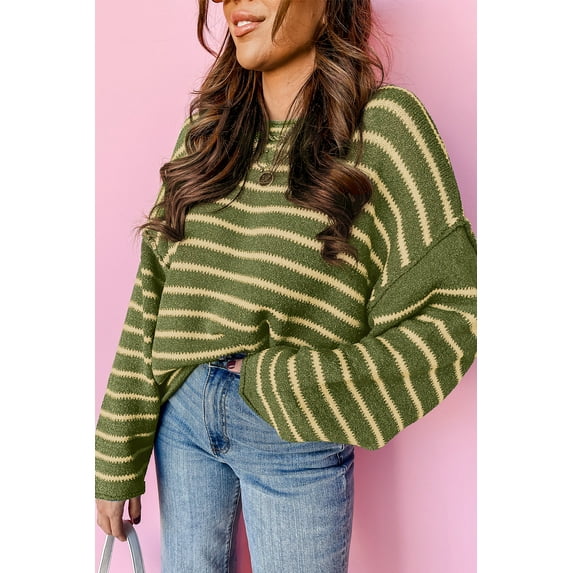 Redhotype Style Up with Our Charming Drop Shoulder Green Stripe Sweater!