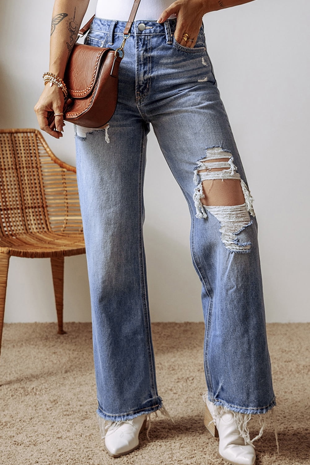 Pre-Order Sky Blue Distressed Raw Hem Buttoned Jeans main image 1
