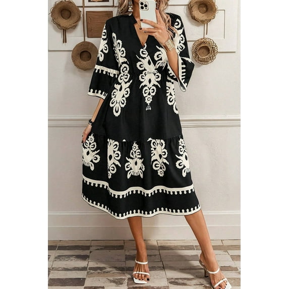 Redhotype V-Neck Midi Dress: Geometric Charm, Stylish Fit