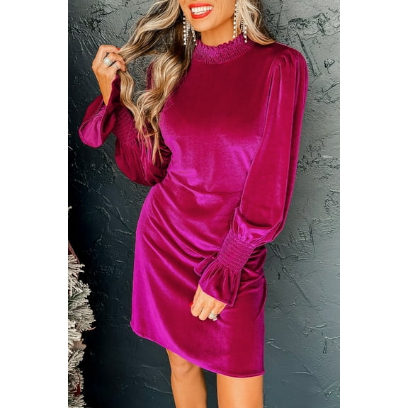 Redhotype Velvet Mock Neck Mini Dress | Ruffled Puff Sleeves Elegance