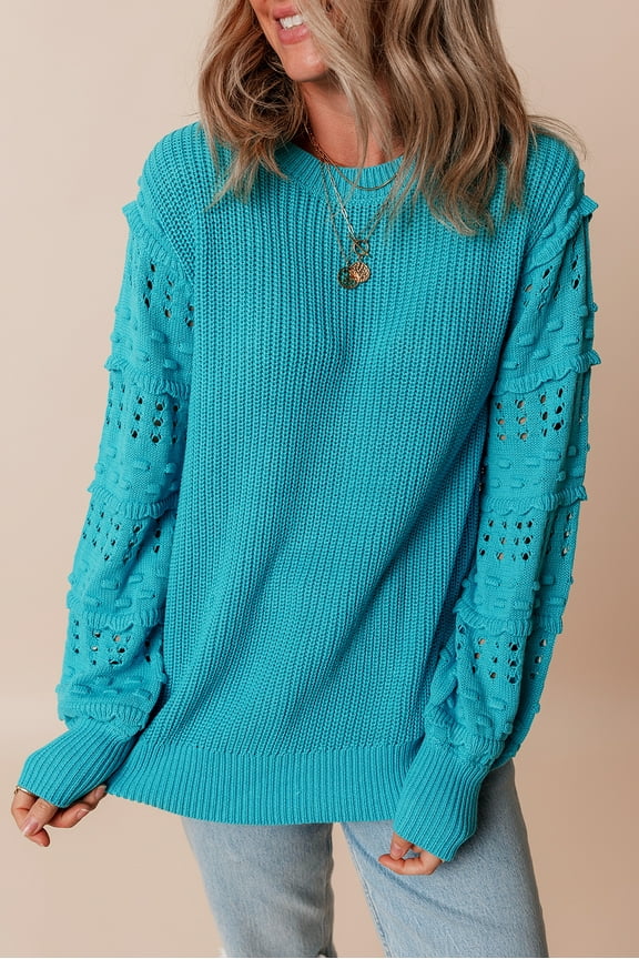Vibrant Turquoise Sweater with Eyelet Bubble Sleeves - Stylish and Graceful Fit