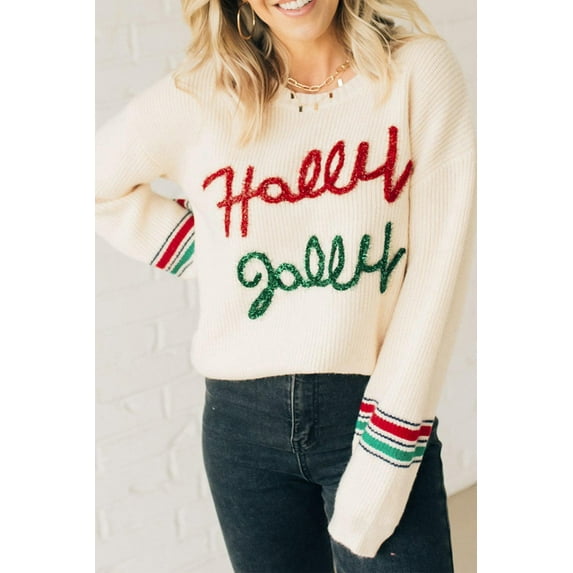 Redhotype Warm Holiday Spirit in Beige Sweater - Tinsel Graphics, Loose Fit, Long Sleeve