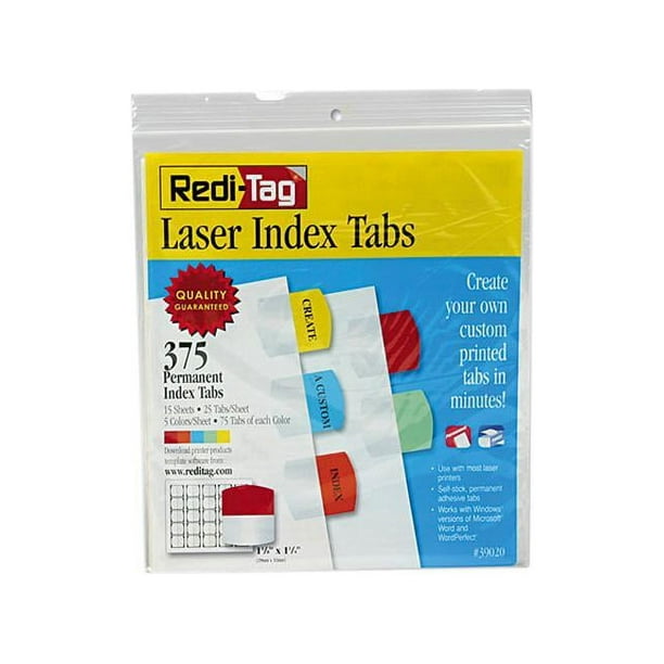 Redi-Tag 39020 Laser Printable Index Tabs, 1 1/8 x 1 1/4, 5 Colors, 375 ...