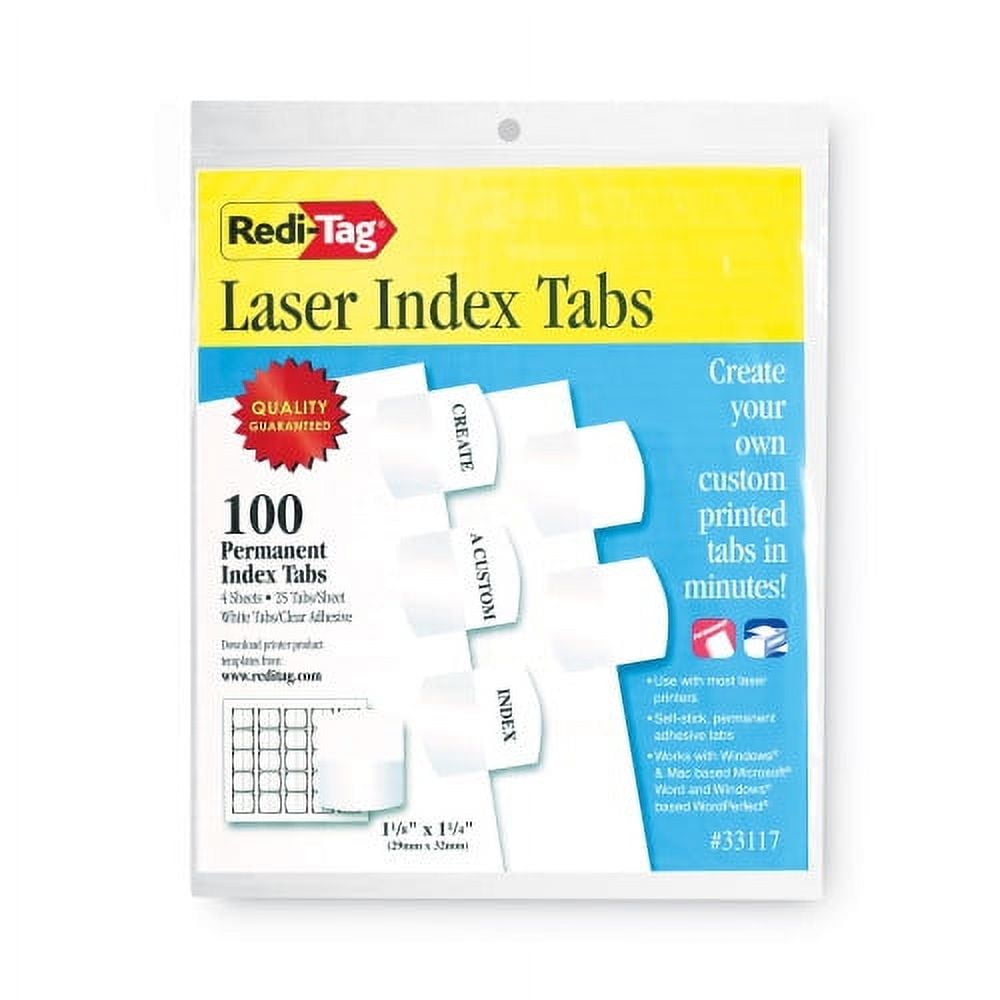 Redi-Tag White Laser Printable Index Tabs, 1.13" Wide, 100/Pack