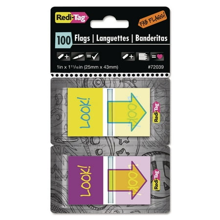 Redi-Tag Pop-Up Fab Page Flags w/Dispenser "Look!" Purple/Yellow; Yellow/Teal 100/Pack 72039